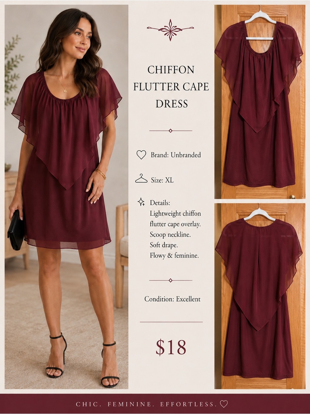 Chiffon Flutter Cape Mini Dress — Burgundy